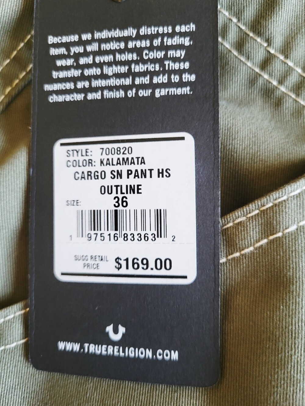 True Religion Cargo Pants Mens Size 36 Kalamata Olive Green Outline Horseshoe - Picture 6 of 12